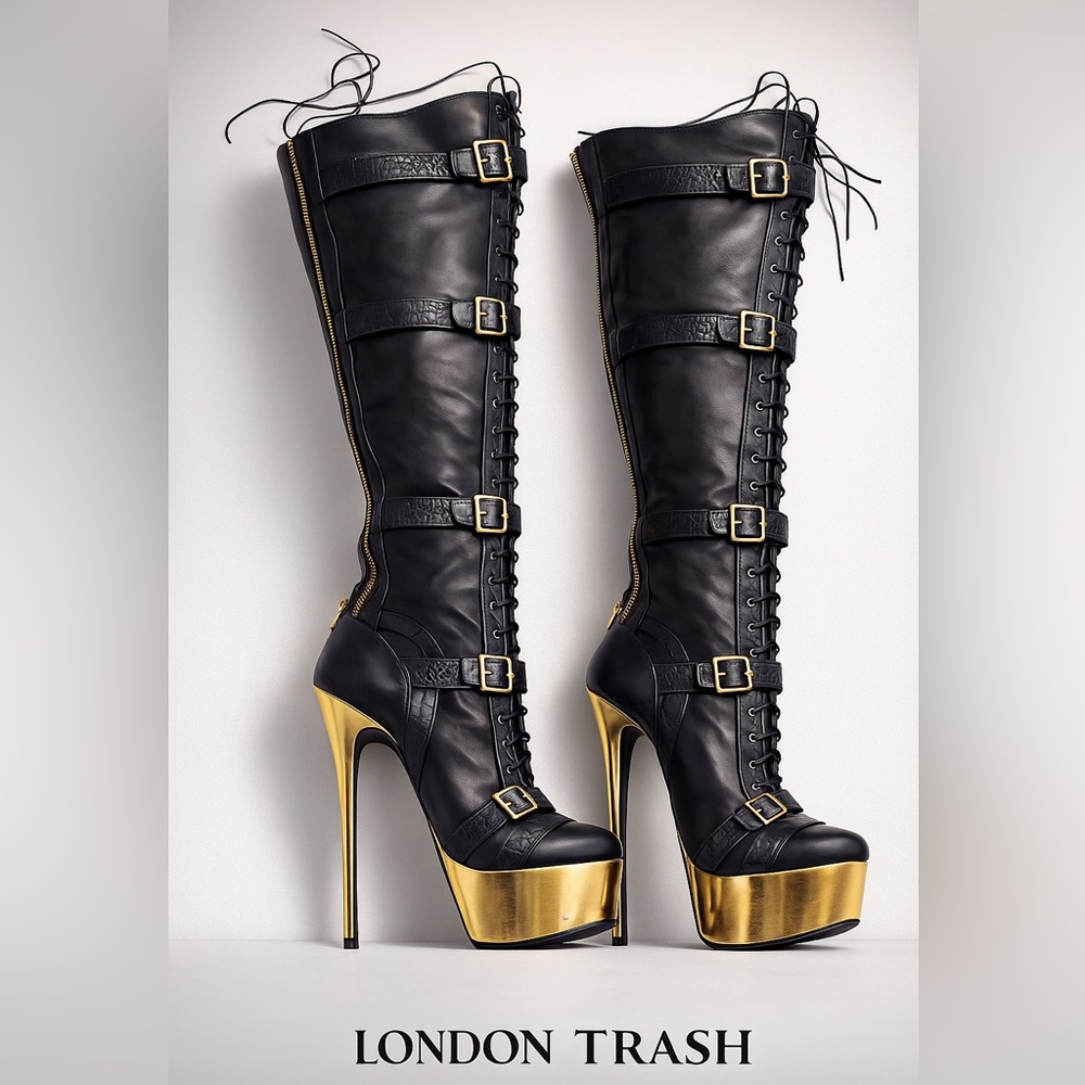 London Trash Contigo Black Gold Platform Thigh High Boots Women’s 8 | Buckle
